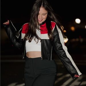 Cropped Colorblock Leather Jacket - Black/Red/White